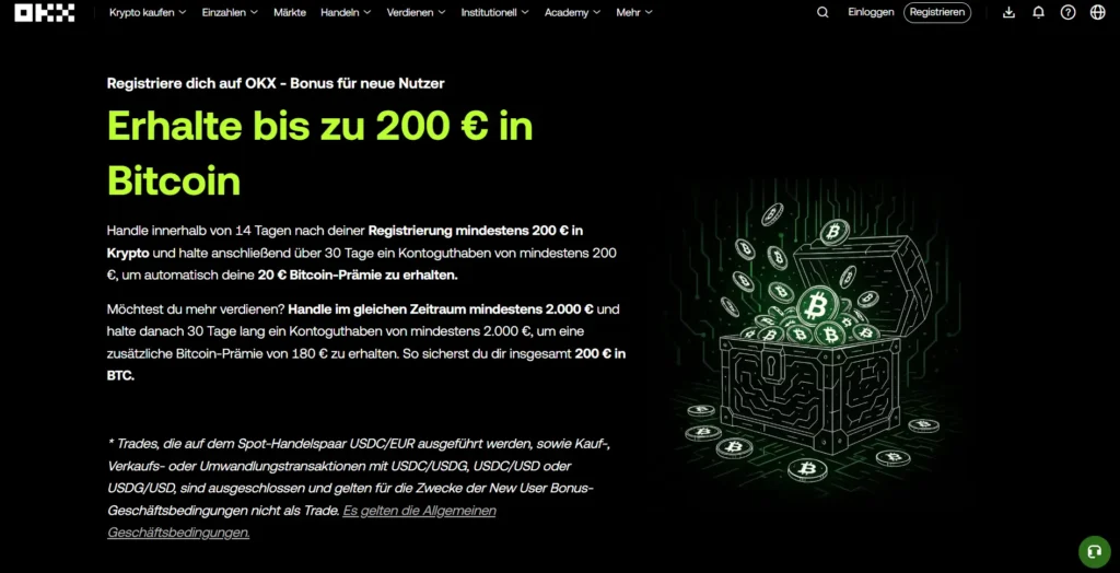 Nutzt du unseren Link oder OKX Referral Code, erhältst du 20 % Rabatt auf Handelsgebühren und einen 20€ Bonus. Außerdem kannst du dir bis zu 180€ Bitcoin-Prämien sichern.