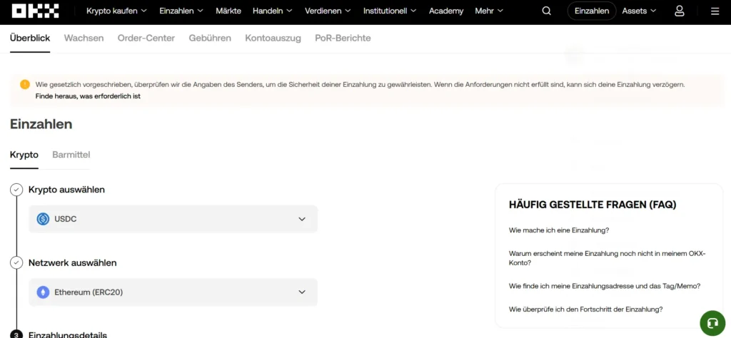 Bei OKX kannst du problemlos Kryptowährungen einzahlen.