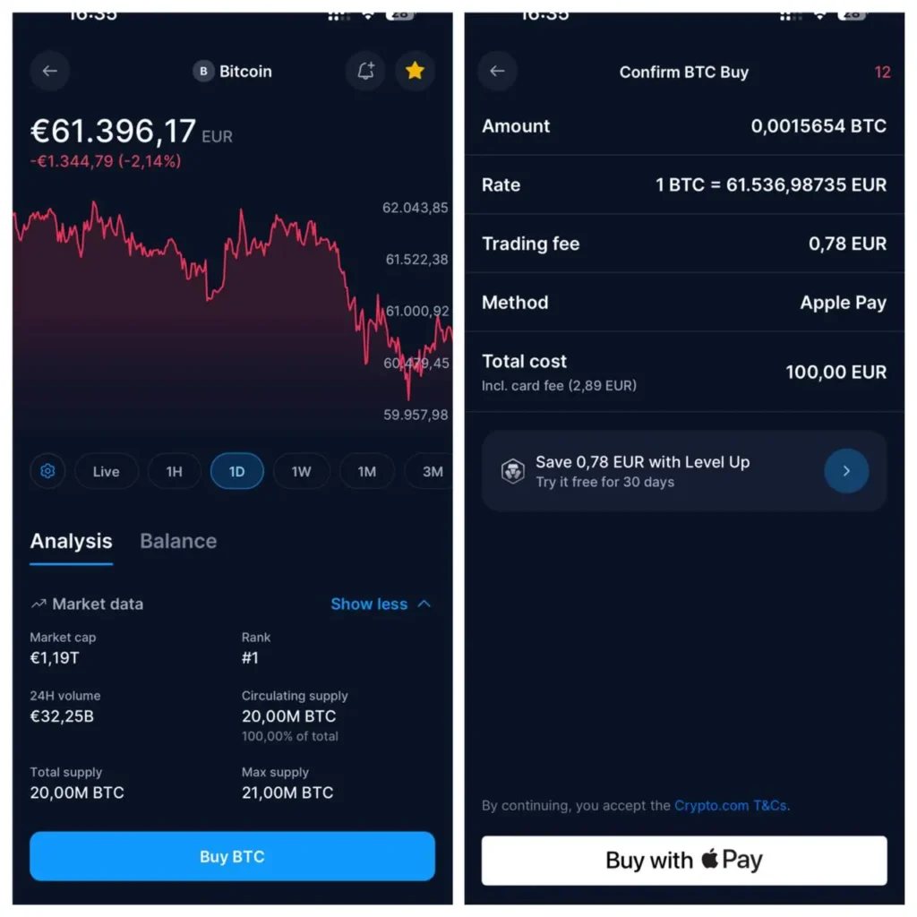 Crypto.com Benutzeroberfläche