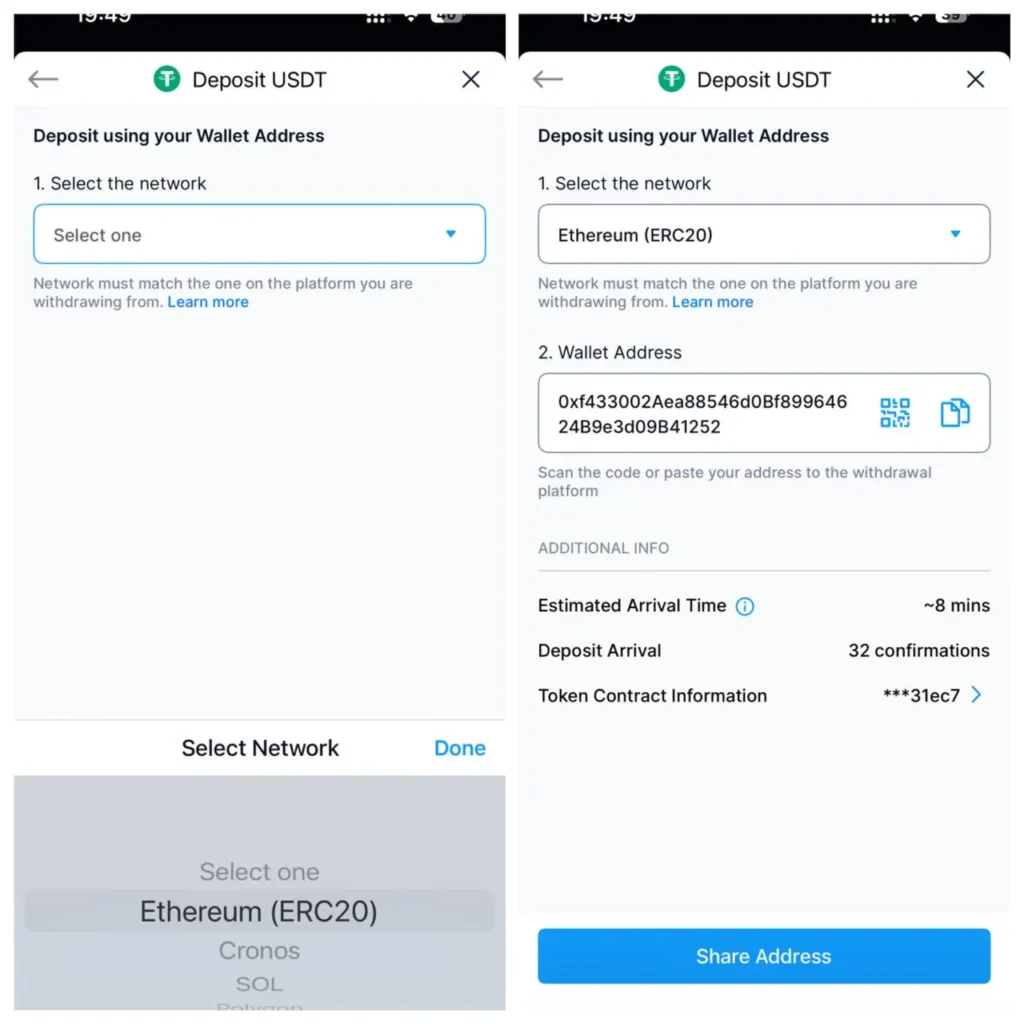 Bei Token wie bspw. Stablecoins ist es wichtig eine Einzahlungsadresse für das Netzwerk zu generieren, über welches du auch versenden möchtest.