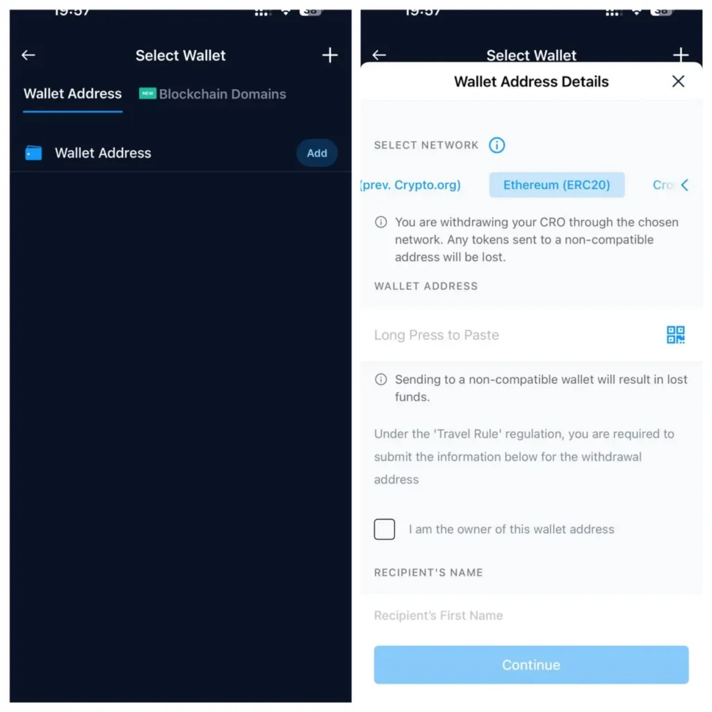 Bestätige hier außerdem, dass du Eigentümer der Wallet-Adresse bist. Dies ist Pflicht unter der neuen Travel-Rule in der EU.